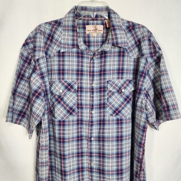 Real Work Wear Men Shirt Size XL Pearl Snap Green Blue Plaid Short Sleeve Pocket - Picture 3 of 9